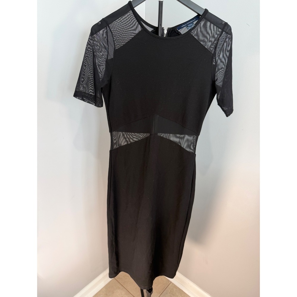 French Connection Dress Womens 8 Black Mesh Sheath Bodycon Zip Back Sexy Classic